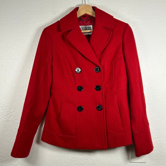 Guess Jackets & Blazers - Guess Los Angeles Pea Coat Red Double Breasted Wool Blend Size S